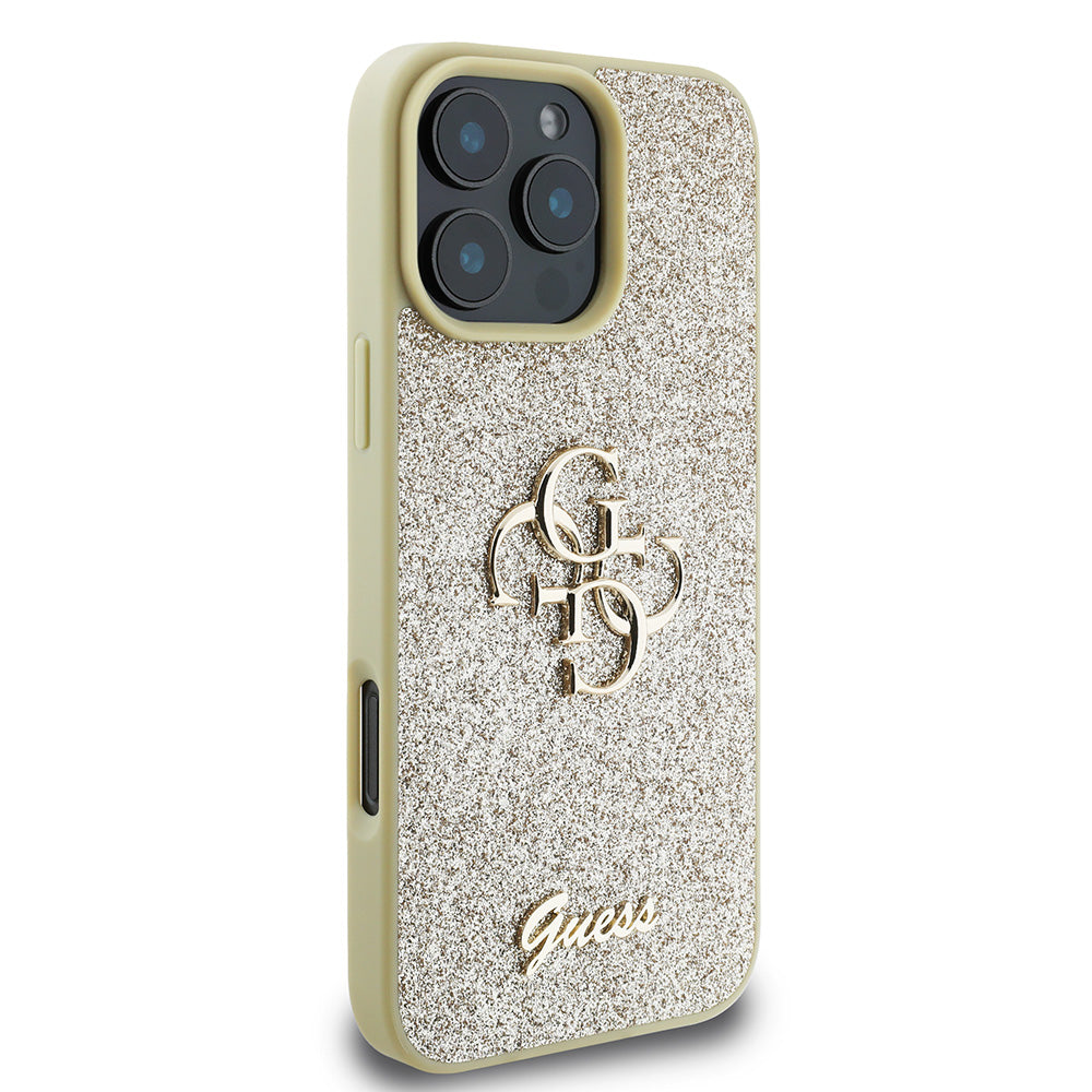 Apple iPhone 16 Pro Kılıf Guess 4G Büyük Metal Logolu Glitter Kapak Gold