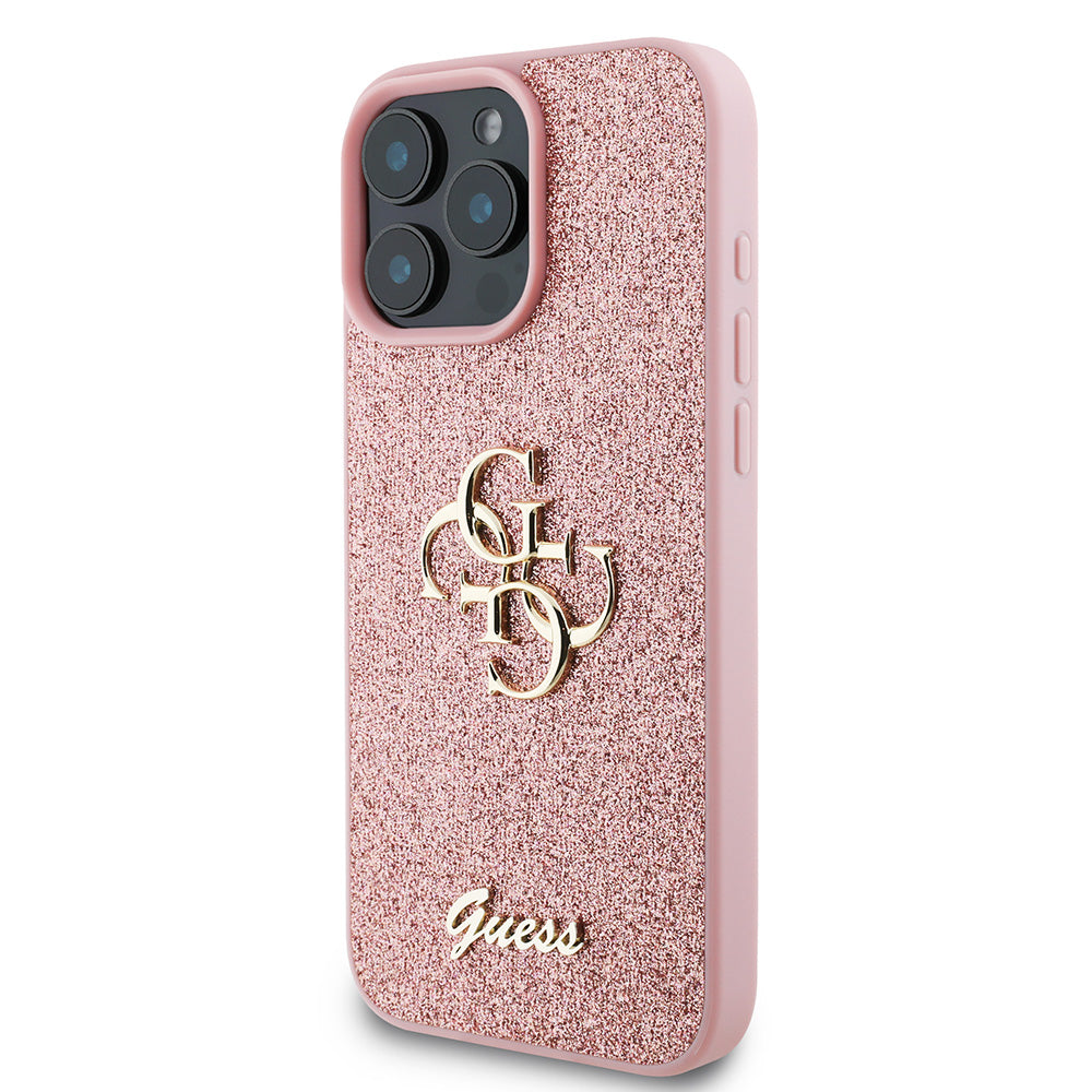 Apple iPhone 16 Pro Kılıf Guess 4G Büyük Metal Logolu Glitter Kapak Pembe