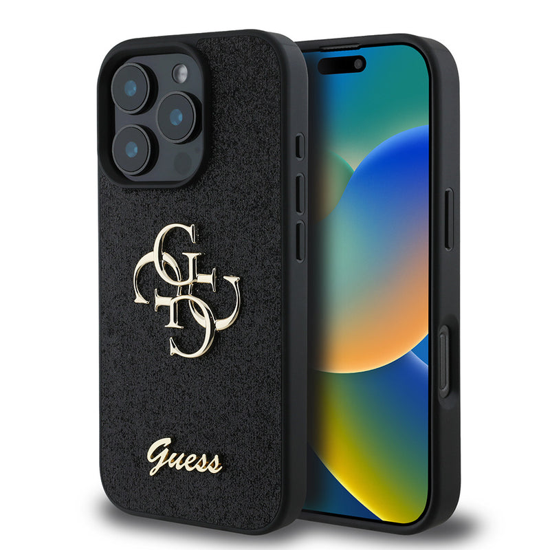 Apple iPhone 16 Pro Kılıf Guess 4G Büyük Metal Logolu Glitter Kapak Siyah