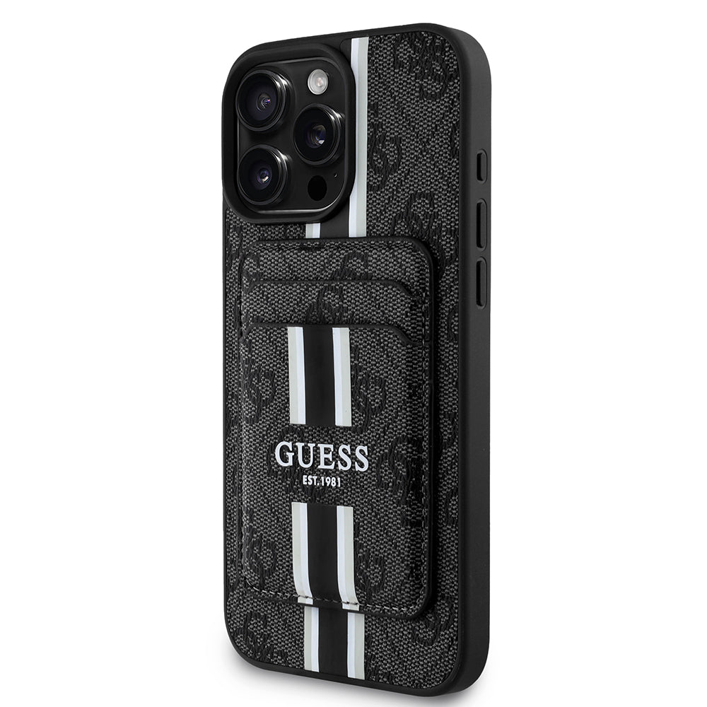 Apple iPhone 16 Pro Kılıf Guess Magsafe Şarj Özellikli 4G Desenli Çizgili Kartlıklı Kapak Siyah