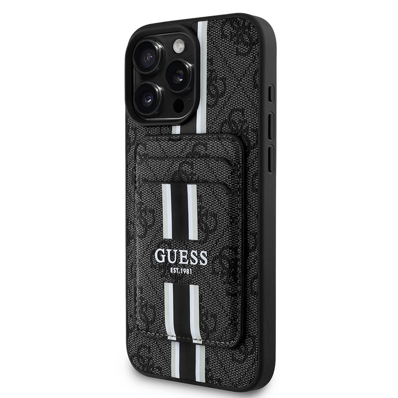 Apple iPhone 16 Pro Kılıf Guess Magsafe Şarj Özellikli 4G Desenli Çizgili Kartlıklı Kapak Siyah