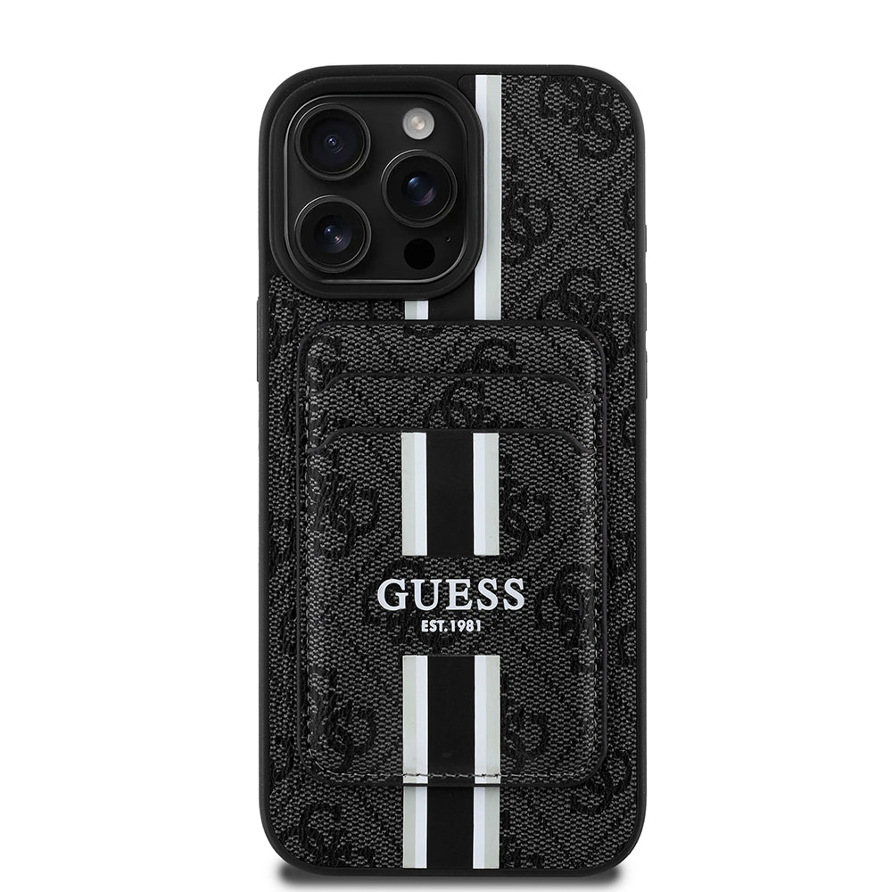 Apple iPhone 16 Pro Kılıf Guess Magsafe Şarj Özellikli 4G Desenli Çizgili Kartlıklı Kapak Siyah