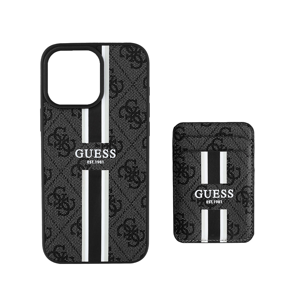Apple iPhone 16 Pro Kılıf Guess Magsafe Şarj Özellikli 4G Desenli Çizgili Kartlıklı Kapak Siyah