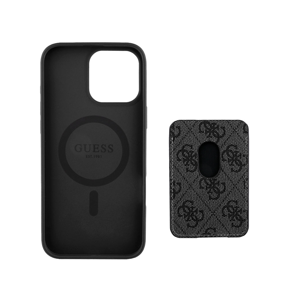 Apple iPhone 16 Pro Kılıf Guess Magsafe Şarj Özellikli 4G Desenli Çizgili Kartlıklı Kapak Siyah