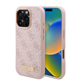 Apple iPhone 16 Pro Kılıf Guess Magsafe Şarj Özellikli 4G Desenli PU Metal Plaka Klasik Logolu Kapak Pembe