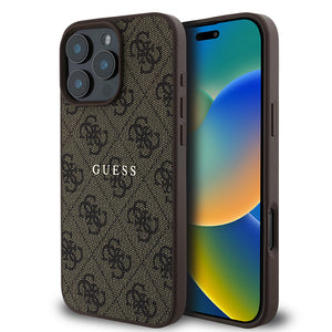 Apple iPhone 16 Pro Kılıf Guess Magsafe Şarj Özellikli 4G Desenli Yazı Logolu Kapak Kahverengi