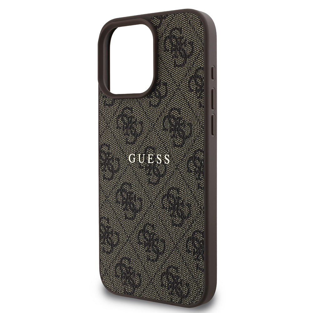 Apple iPhone 16 Pro Kılıf Guess Magsafe Şarj Özellikli 4G Desenli Yazı Logolu Kapak Kahverengi