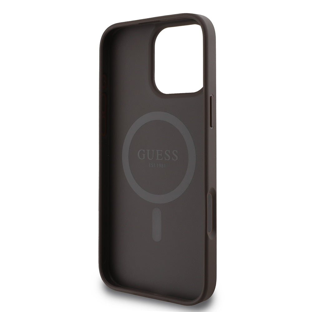 Apple iPhone 16 Pro Kılıf Guess Magsafe Şarj Özellikli 4G Desenli Yazı Logolu Kapak Kahverengi
