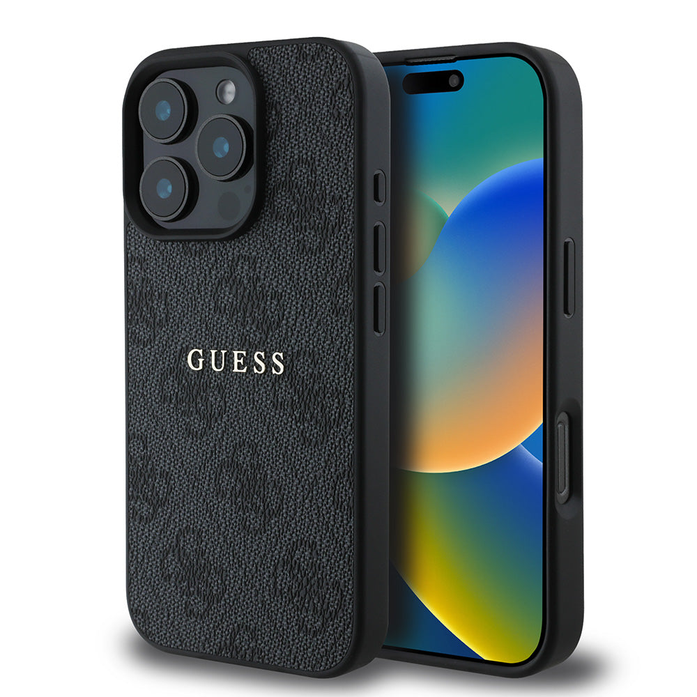 Apple iPhone 16 Pro Kılıf Guess Magsafe Şarj Özellikli 4G Desenli Yazı Logolu Kapak Siyah