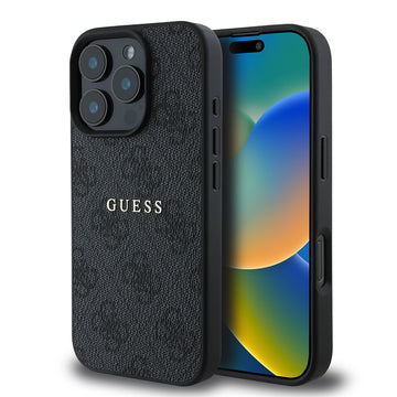 Apple iPhone 16 Pro Kılıf Guess Magsafe Şarj Özellikli 4G Desenli Yazı Logolu Kapak Siyah