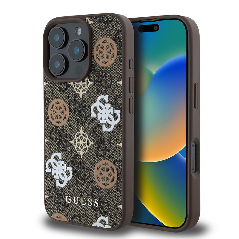 Apple iPhone 16 Pro Kılıf Guess Magsafe Şarj Özellikli 4G Desenli Yazı Logolu Peony Kapak Kahverengi