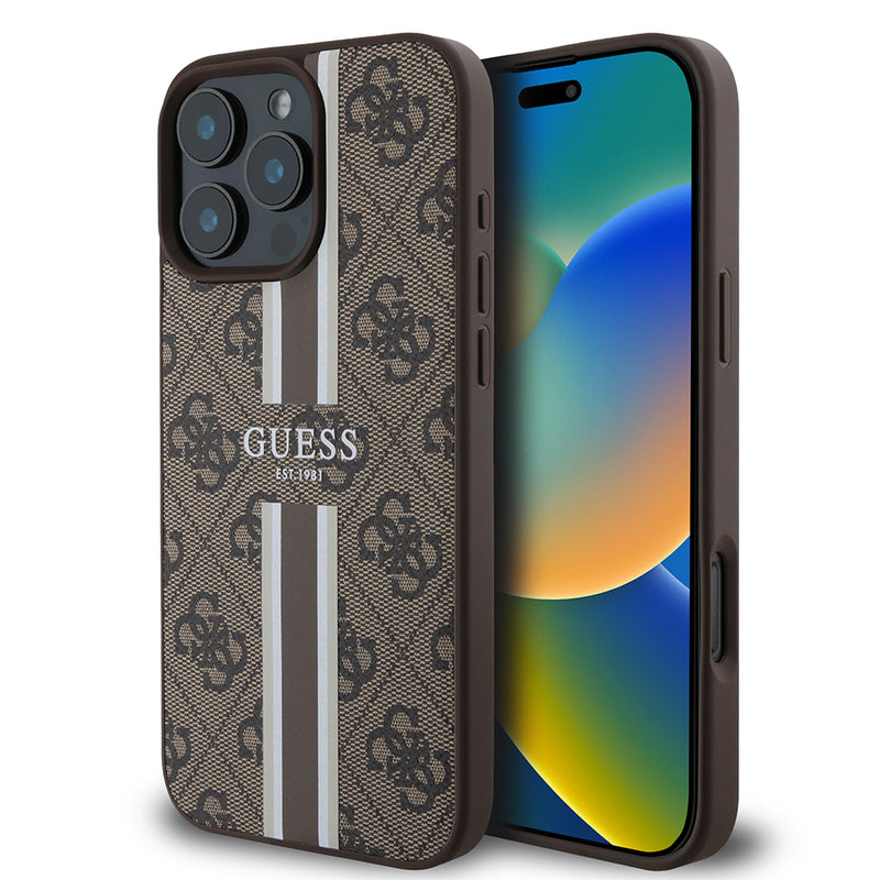 Apple iPhone 16 Pro Kılıf Guess Magsafe Şarj Özellikli 4G Şerit Tasarımlı Printed Kapak Kahverengi
