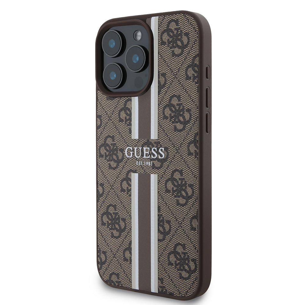 Apple iPhone 16 Pro Kılıf Guess Magsafe Şarj Özellikli 4G Şerit Tasarımlı Printed Kapak Kahverengi