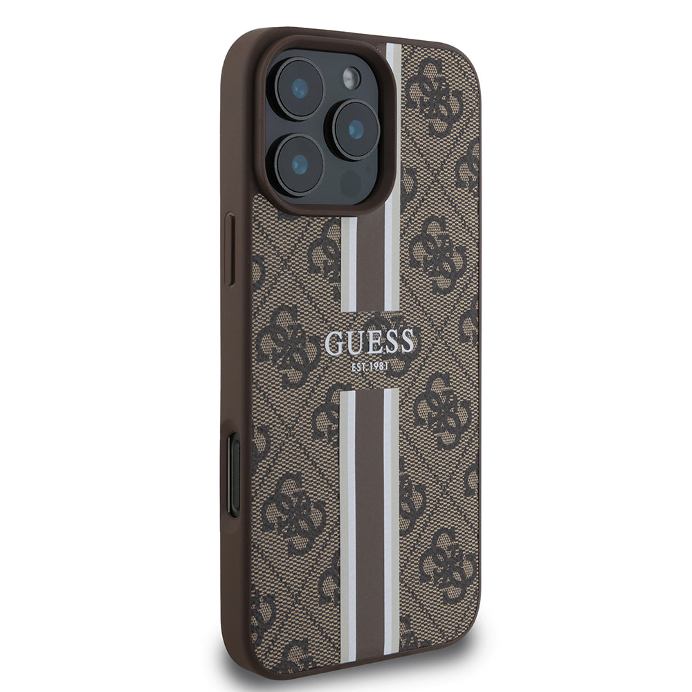 Apple iPhone 16 Pro Kılıf Guess Magsafe Şarj Özellikli 4G Şerit Tasarımlı Printed Kapak Kahverengi
