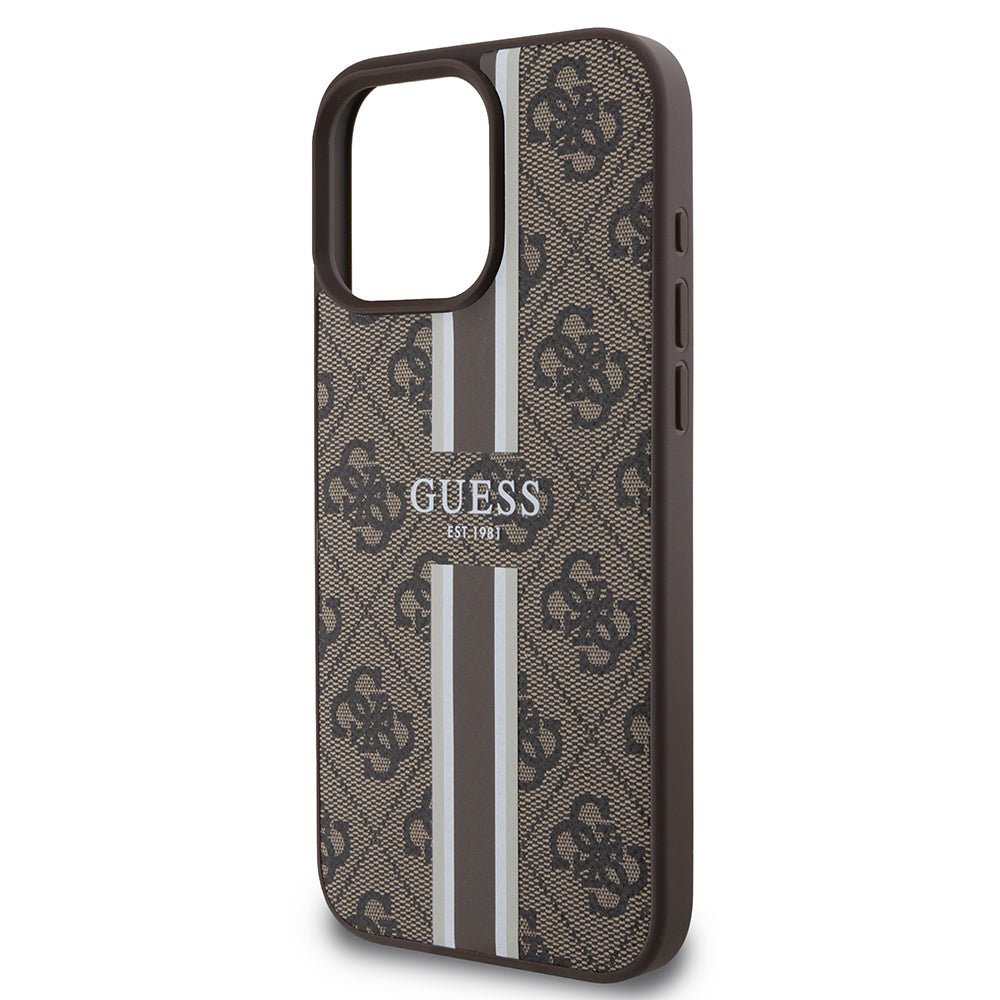 Apple iPhone 16 Pro Kılıf Guess Magsafe Şarj Özellikli 4G Şerit Tasarımlı Printed Kapak Kahverengi