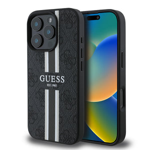 Apple iPhone 16 Pro Kılıf Guess Magsafe Şarj Özellikli 4G Şerit Tasarımlı Printed Kapak Siyah