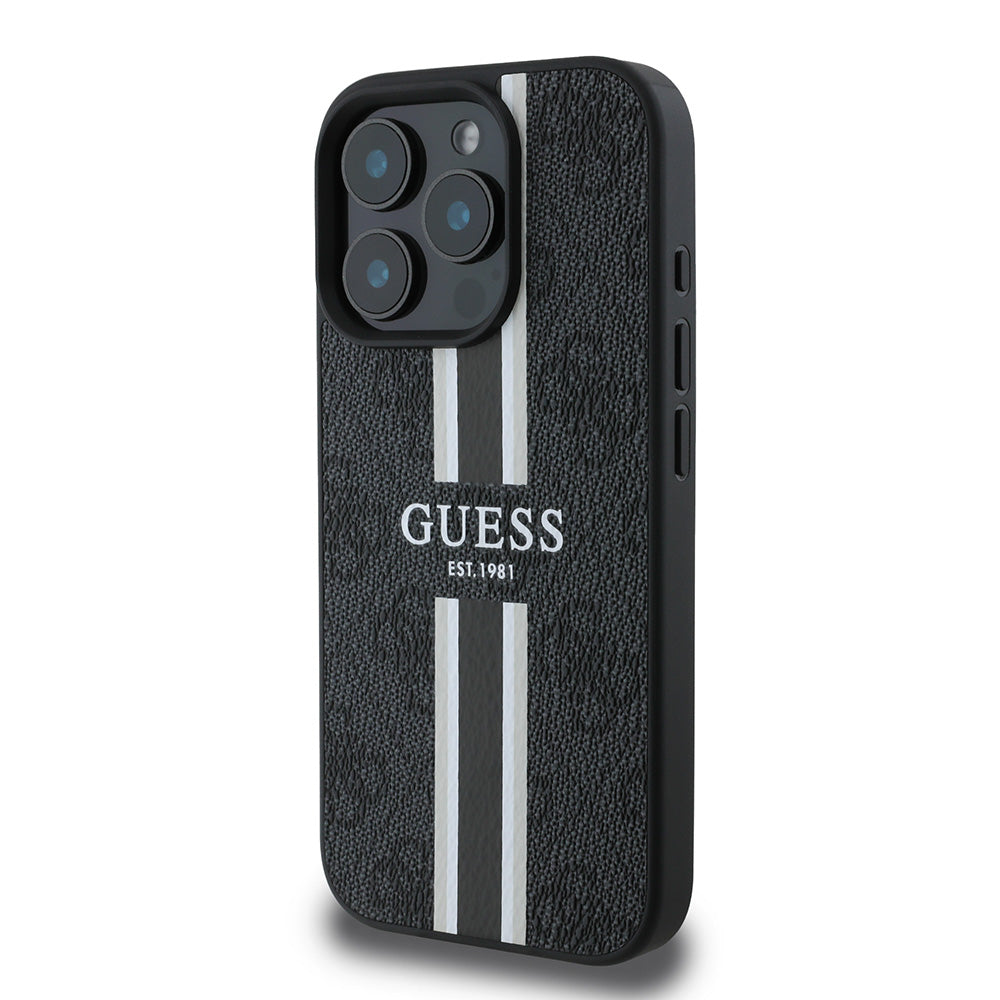 Apple iPhone 16 Pro Kılıf Guess Magsafe Şarj Özellikli 4G Şerit Tasarımlı Printed Kapak Siyah
