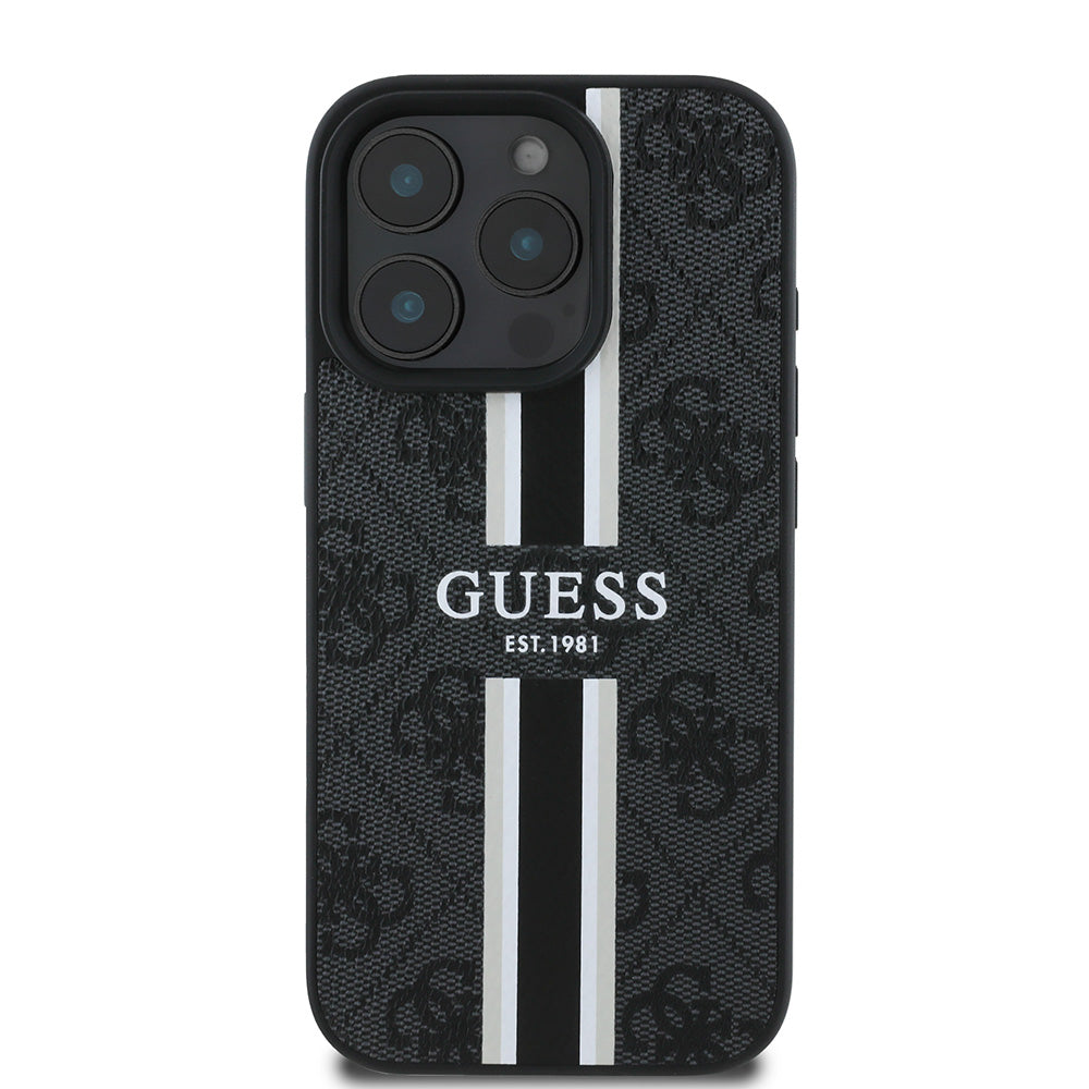 Apple iPhone 16 Pro Kılıf Guess Magsafe Şarj Özellikli 4G Şerit Tasarımlı Printed Kapak Siyah
