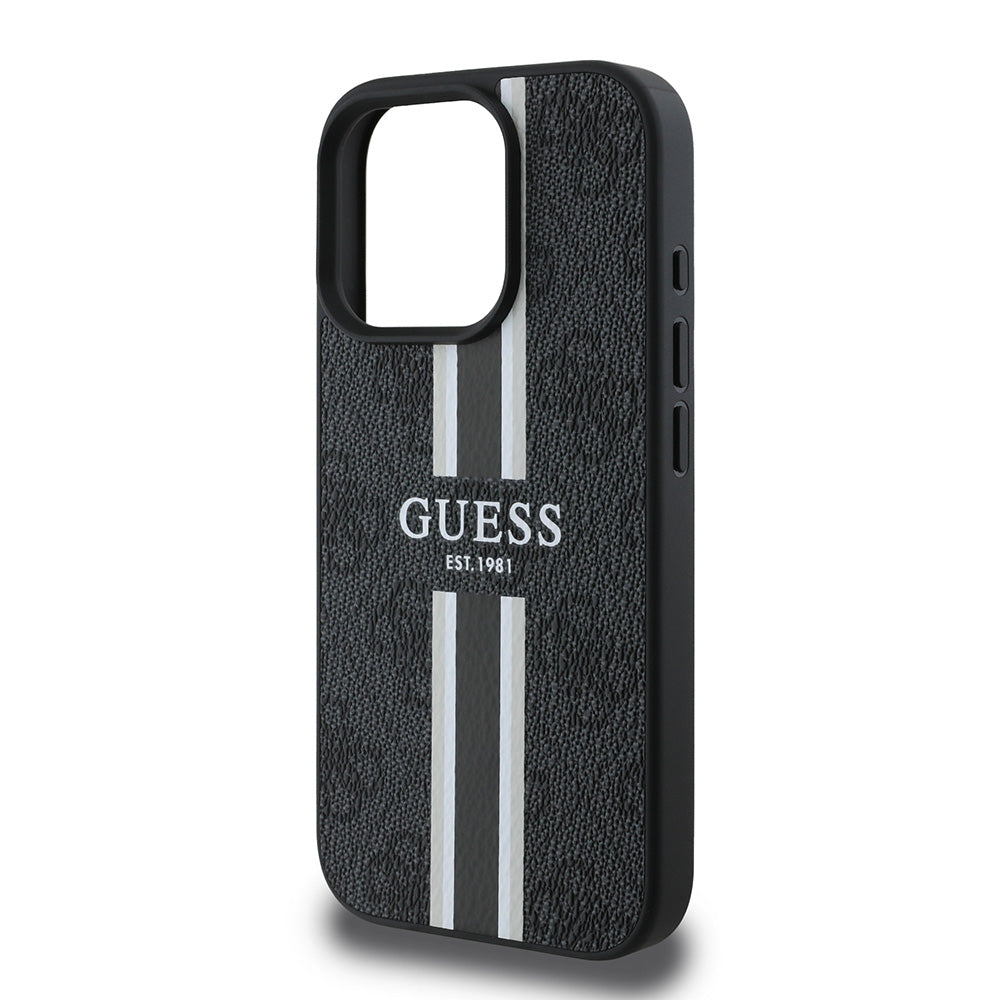 Apple iPhone 16 Pro Kılıf Guess Magsafe Şarj Özellikli 4G Şerit Tasarımlı Printed Kapak Siyah