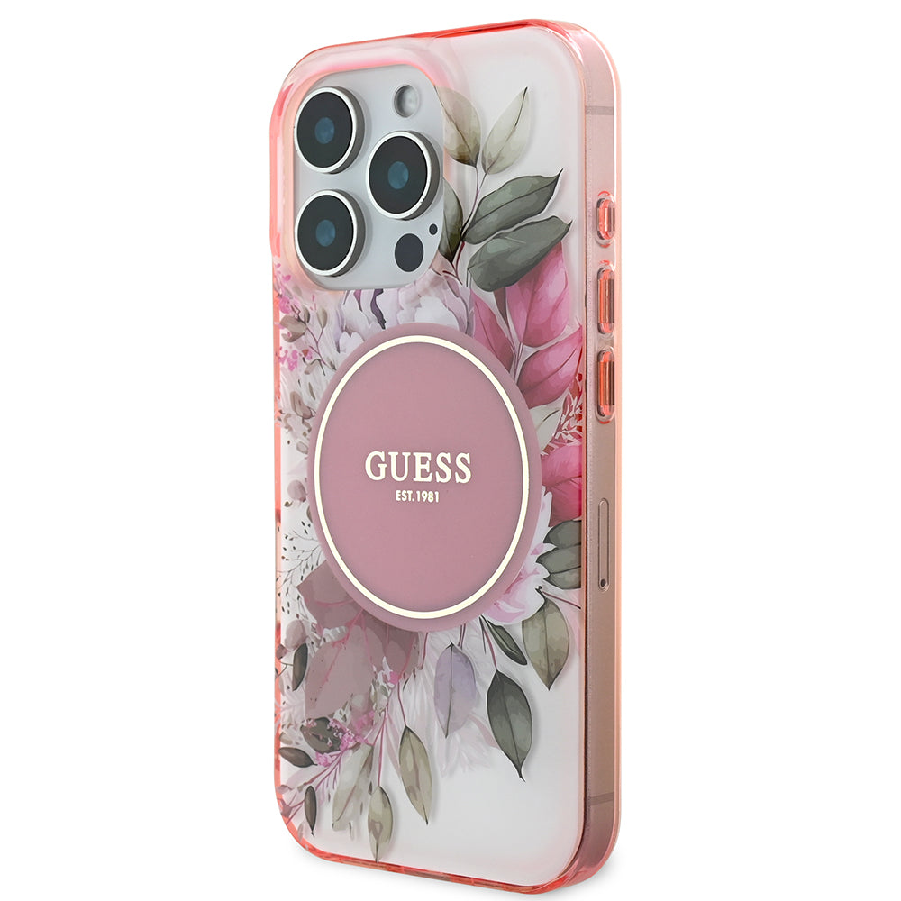 Apple iPhone 16 Pro Kılıf Guess Magsafe Şarj Özellikli Flower Tonal Circle Kapak Pembe