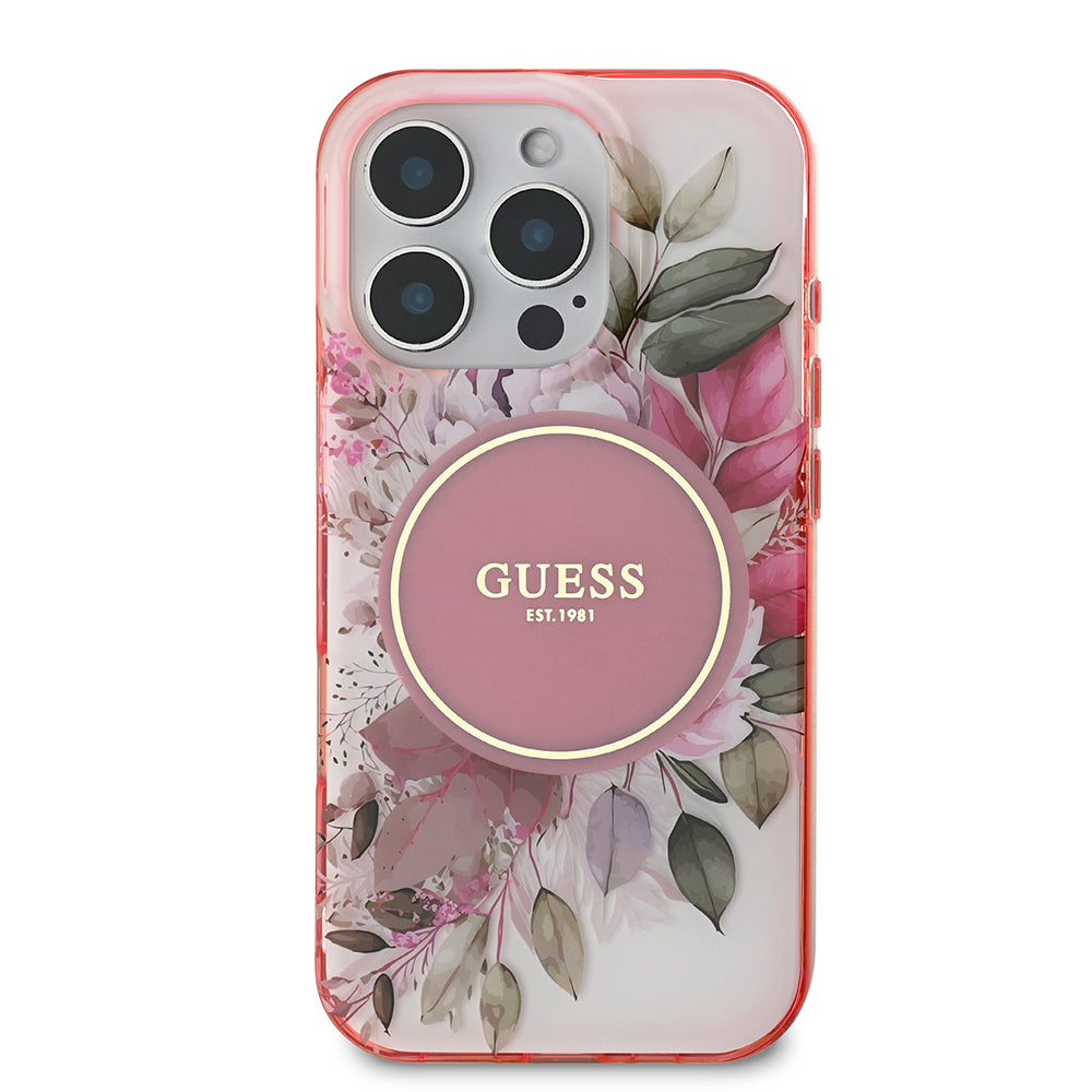 Apple iPhone 16 Pro Kılıf Guess Magsafe Şarj Özellikli Flower Tonal Circle Kapak Pembe