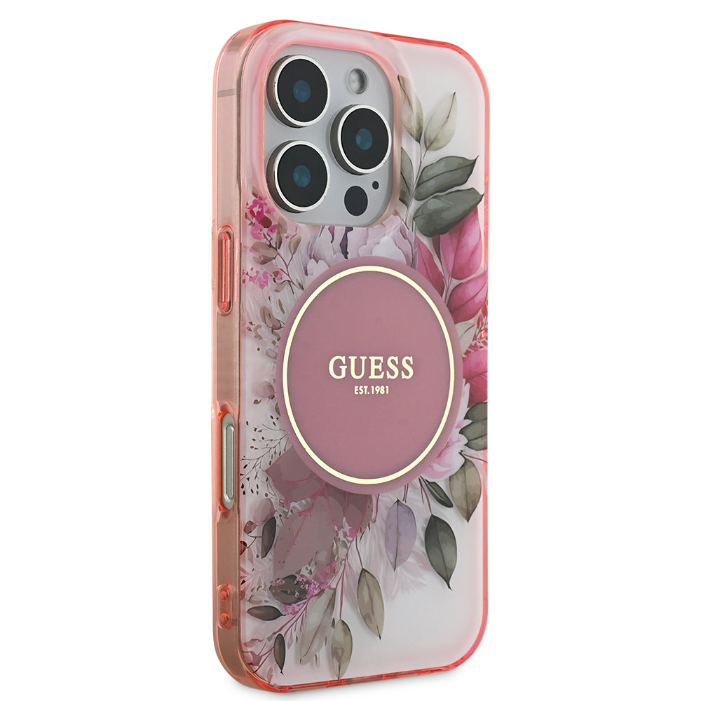 Apple iPhone 16 Pro Kılıf Guess Magsafe Şarj Özellikli Flower Tonal Circle Kapak Pembe