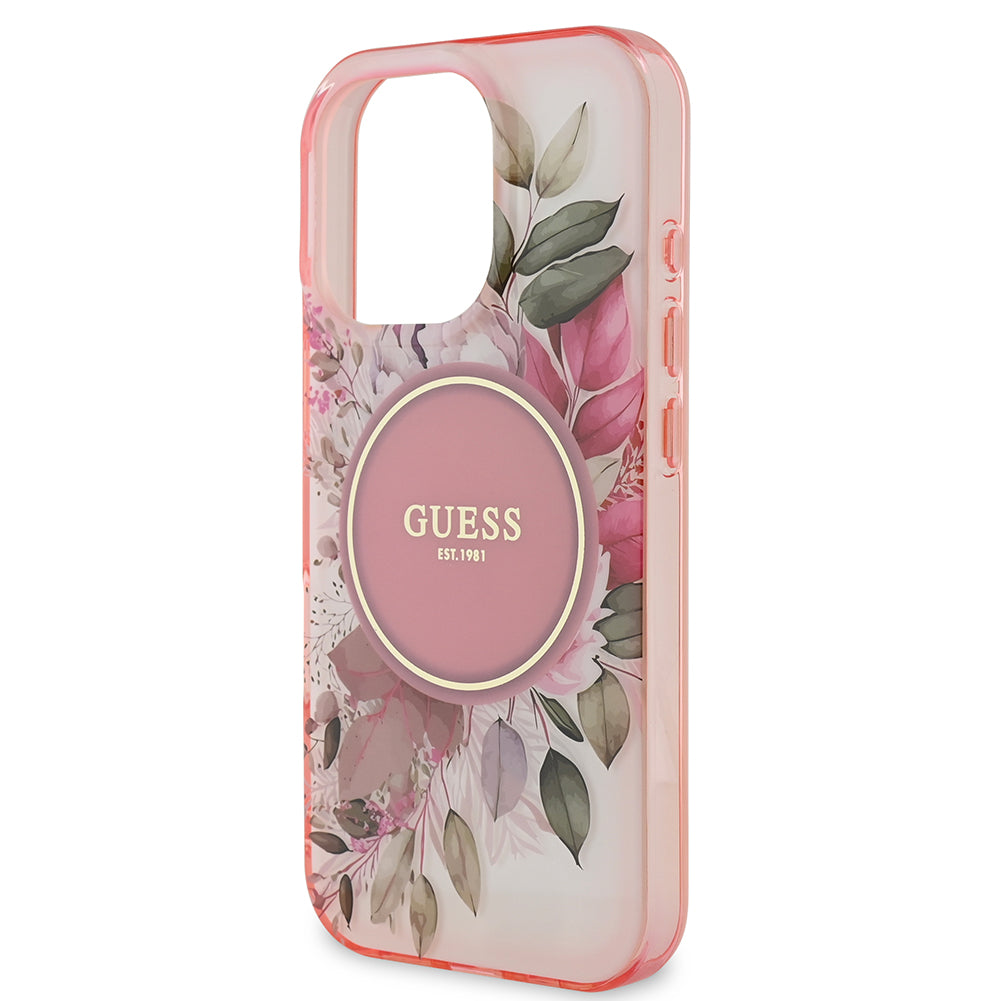 Apple iPhone 16 Pro Kılıf Guess Magsafe Şarj Özellikli Flower Tonal Circle Kapak Pembe