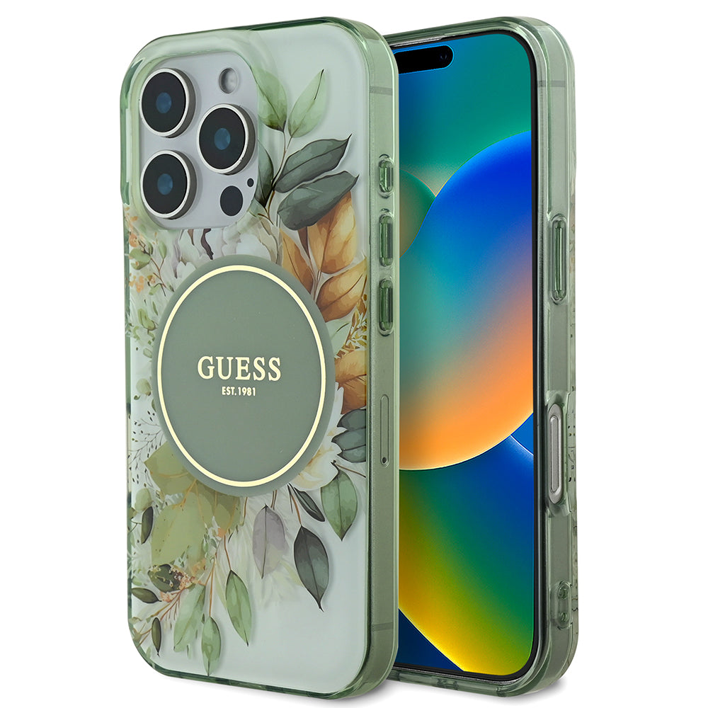 Apple iPhone 16 Pro Kılıf Guess Magsafe Şarj Özellikli Flower Tonal Circle Kapak Yeşil