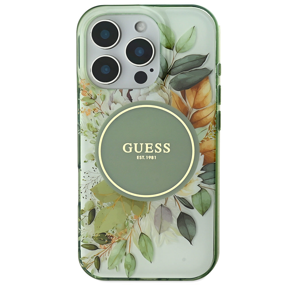 Apple iPhone 16 Pro Kılıf Guess Magsafe Şarj Özellikli Flower Tonal Circle Kapak Yeşil