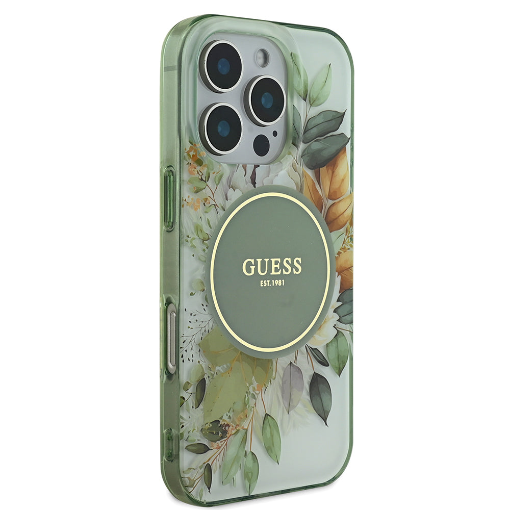 Apple iPhone 16 Pro Kılıf Guess Magsafe Şarj Özellikli Flower Tonal Circle Kapak Yeşil