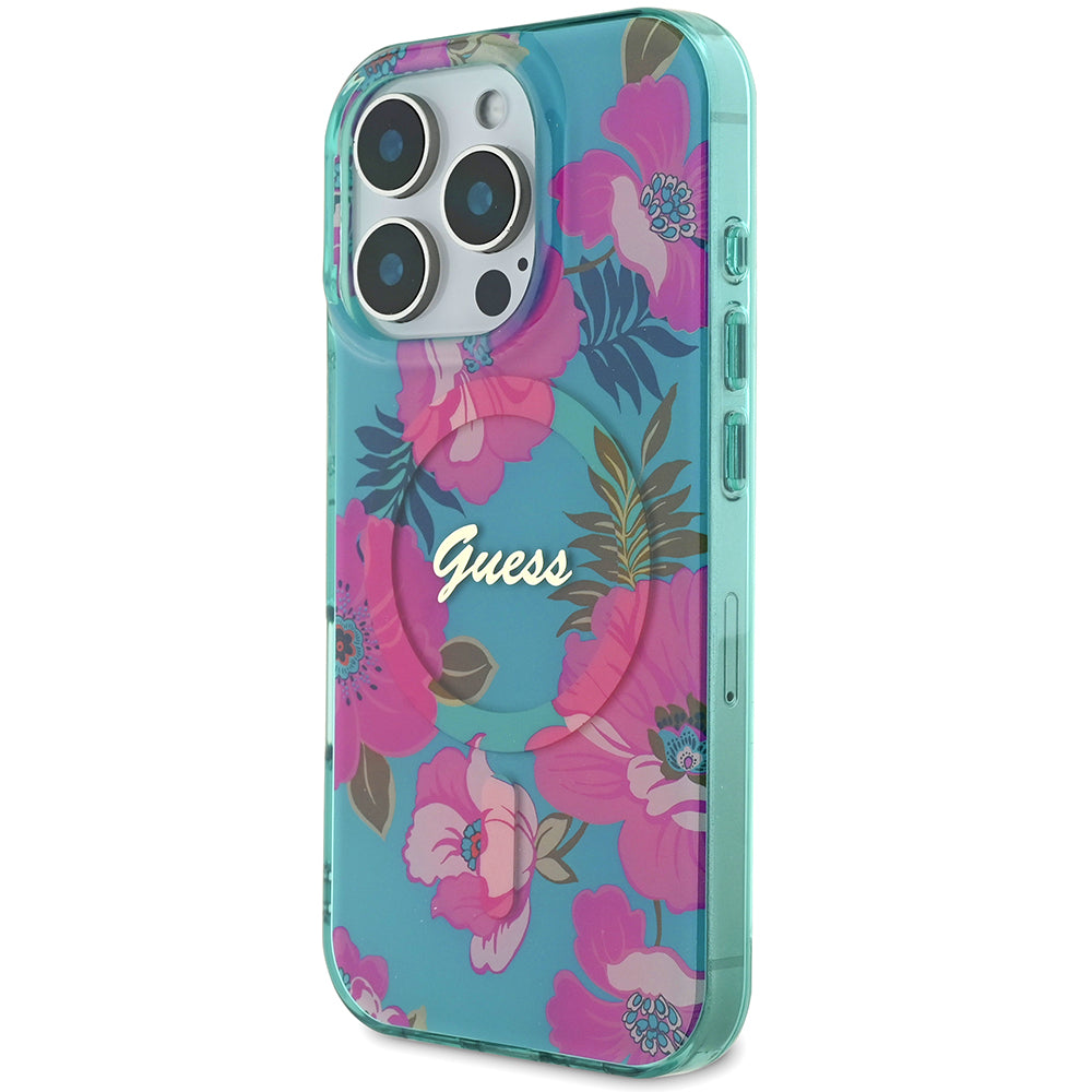 Apple iPhone 16 Pro Kılıf Guess Magsafe Şarj Özellikli Flower Tone On Tone Ring Kapak Pembe