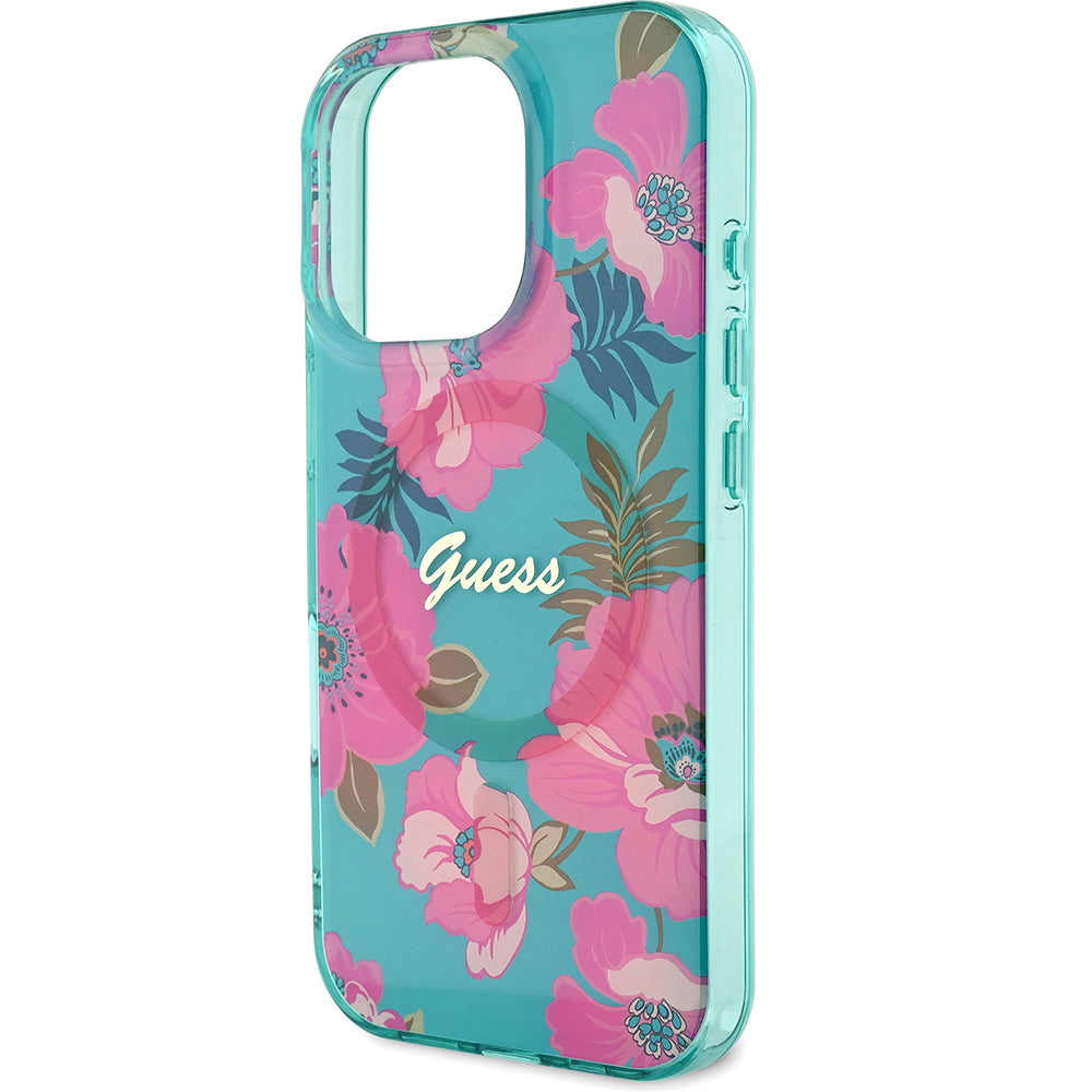 Apple iPhone 16 Pro Kılıf Guess Magsafe Şarj Özellikli Flower Tone On Tone Ring Kapak Pembe