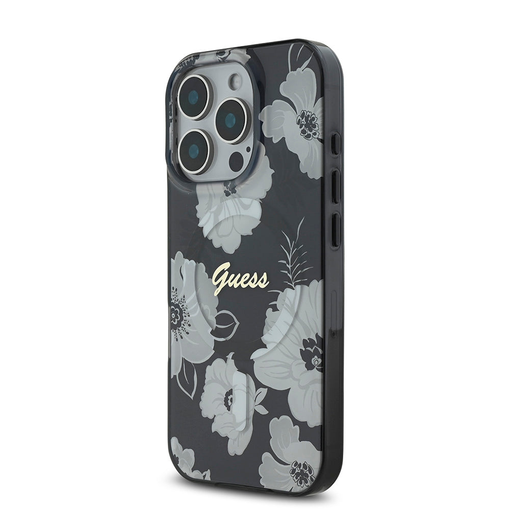 Apple iPhone 16 Pro Kılıf Guess Magsafe Şarj Özellikli Flower Tone On Tone Ring Kapak Siyah
