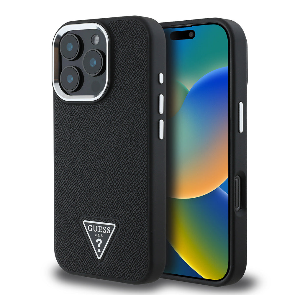 Apple iPhone 16 Pro Kılıf Guess Magsafe Şarj Özellikli Grained Triangle Kapak Siyah