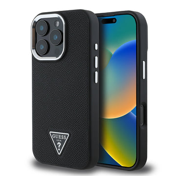Apple iPhone 16 Pro Kılıf Guess Magsafe Şarj Özellikli Grained Triangle Kapak Siyah