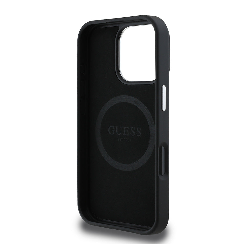 Apple iPhone 16 Pro Kılıf Guess Magsafe Şarj Özellikli Grained Triangle Kapak Siyah