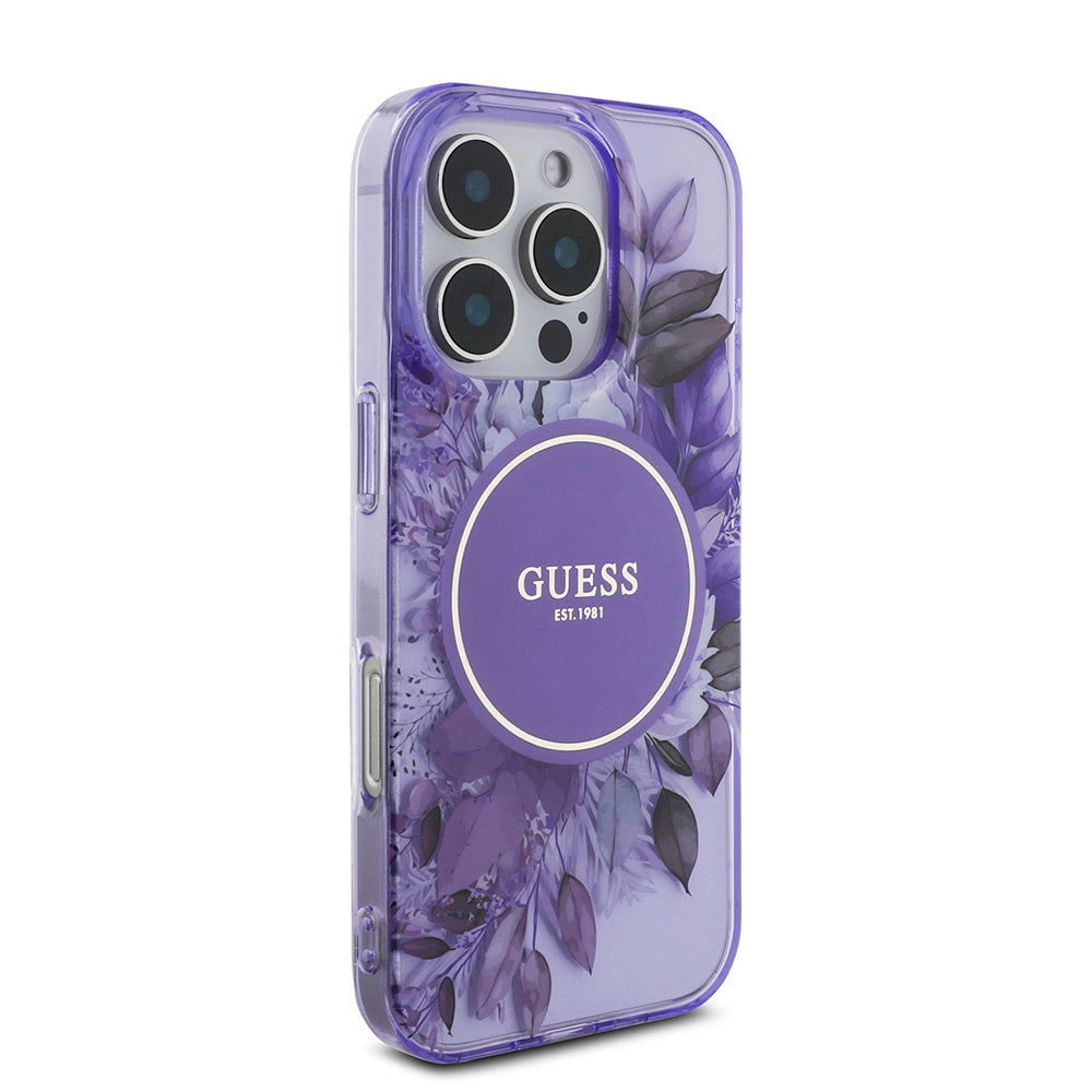 Apple iPhone 16 Pro Kılıf Guess Magsafe Şarj Özellikli IML Baskılı Çiçek İnci Bileklikli Kapak Mor