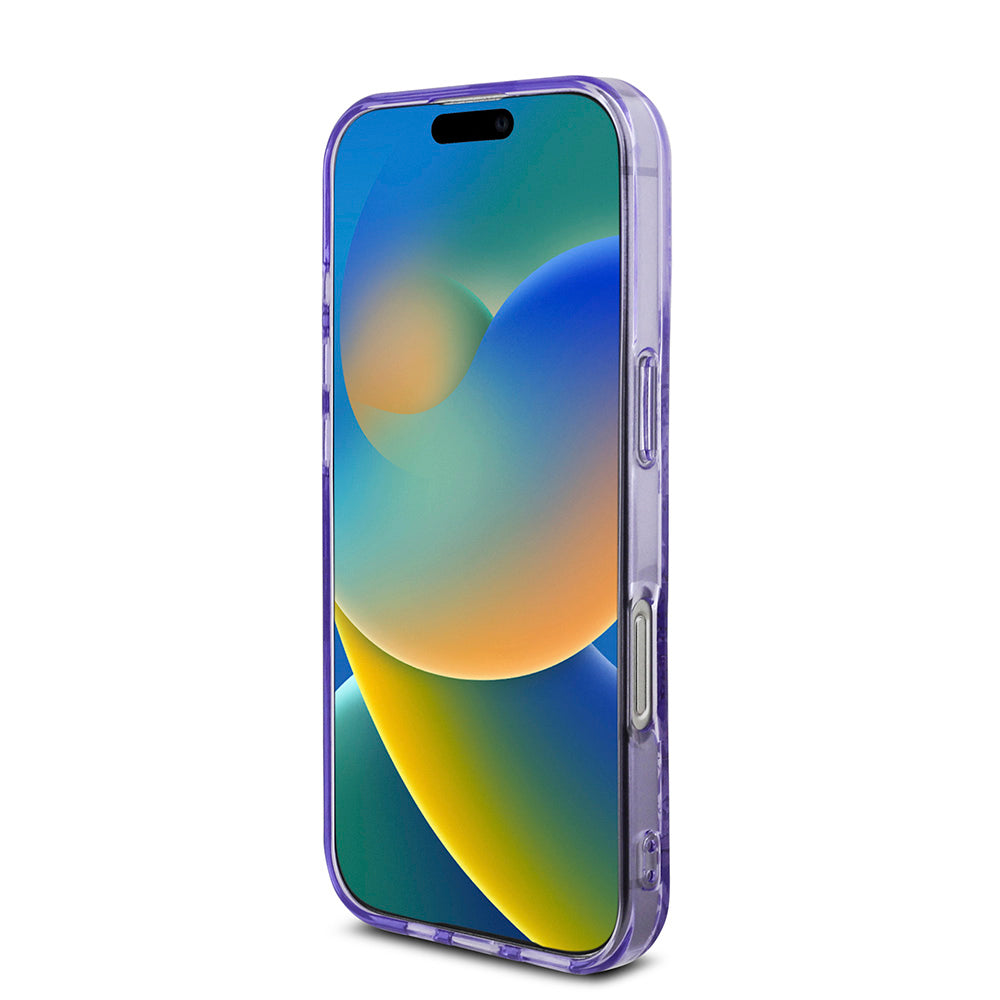 Apple iPhone 16 Pro Kılıf Guess Magsafe Şarj Özellikli IML Baskılı Çiçek İnci Bileklikli Kapak Mor
