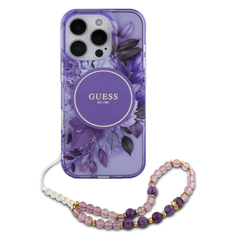 Apple iPhone 16 Pro Kılıf Guess Magsafe Şarj Özellikli IML Baskılı Çiçek İnci Bileklikli Kapak Mor
