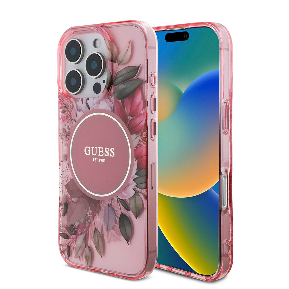 Apple iPhone 16 Pro Kılıf Guess Magsafe Şarj Özellikli IML Baskılı Çiçek İnci Bileklikli Kapak Pembe