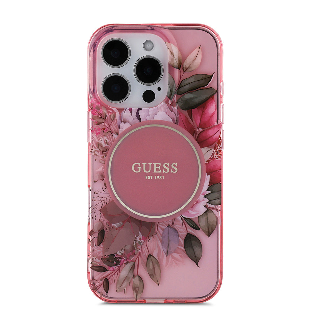 Apple iPhone 16 Pro Kılıf Guess Magsafe Şarj Özellikli IML Baskılı Çiçek İnci Bileklikli Kapak Pembe