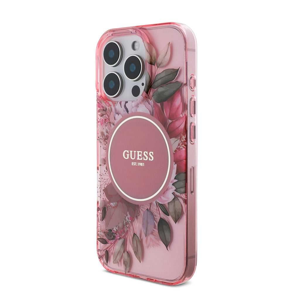Apple iPhone 16 Pro Kılıf Guess Magsafe Şarj Özellikli IML Baskılı Çiçek İnci Bileklikli Kapak Pembe