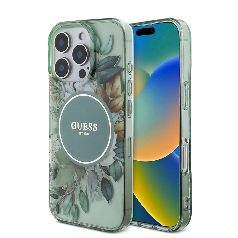 Apple iPhone 16 Pro Kılıf Guess Magsafe Şarj Özellikli IML Baskılı Çiçek İnci Bileklikli Kapak Yeşil