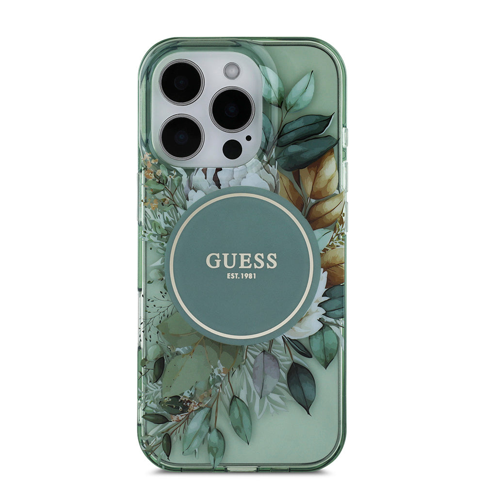 Apple iPhone 16 Pro Kılıf Guess Magsafe Şarj Özellikli IML Baskılı Çiçek İnci Bileklikli Kapak Yeşil
