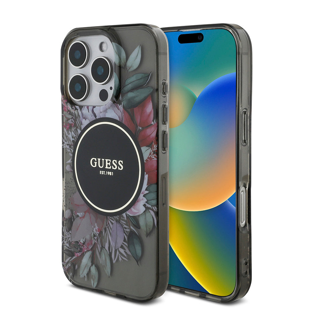 Apple iPhone 16 Pro Kılıf Guess Magsafe Şarj Özellikli IML Baskılı Çiçek İnci Bileklikli Kapak Siyah