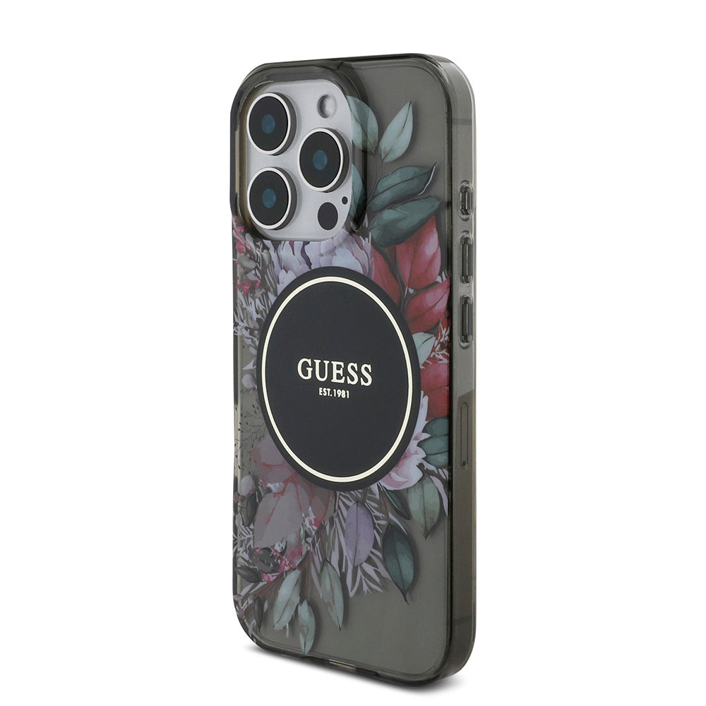 Apple iPhone 16 Pro Kılıf Guess Magsafe Şarj Özellikli IML Baskılı Çiçek İnci Bileklikli Kapak Siyah