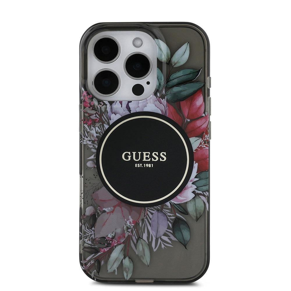 Apple iPhone 16 Pro Kılıf Guess Magsafe Şarj Özellikli IML Baskılı Çiçek İnci Bileklikli Kapak Siyah