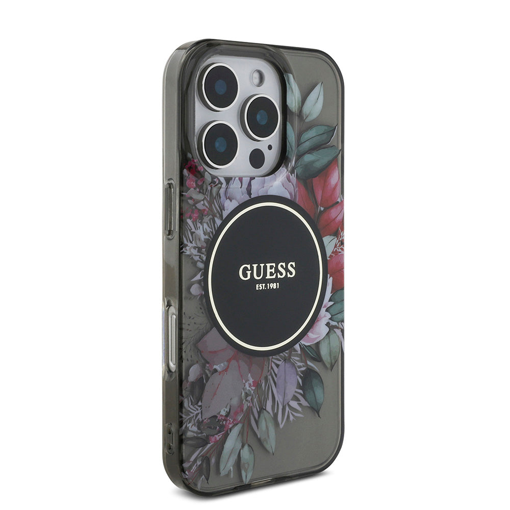 Apple iPhone 16 Pro Kılıf Guess Magsafe Şarj Özellikli IML Baskılı Çiçek İnci Bileklikli Kapak Siyah