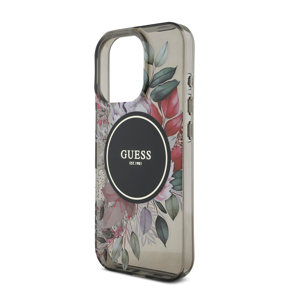 Apple iPhone 16 Pro Kılıf Guess Magsafe Şarj Özellikli IML Baskılı Çiçek İnci Bileklikli Kapak Siyah