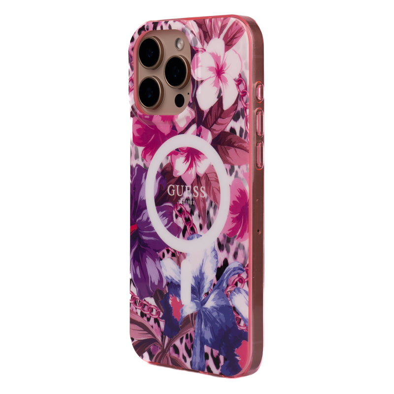 Apple iPhone 16 Pro Kılıf Guess Magsafe Şarj Özellikli IML Baskılı Jungle Ring Kapak Mor